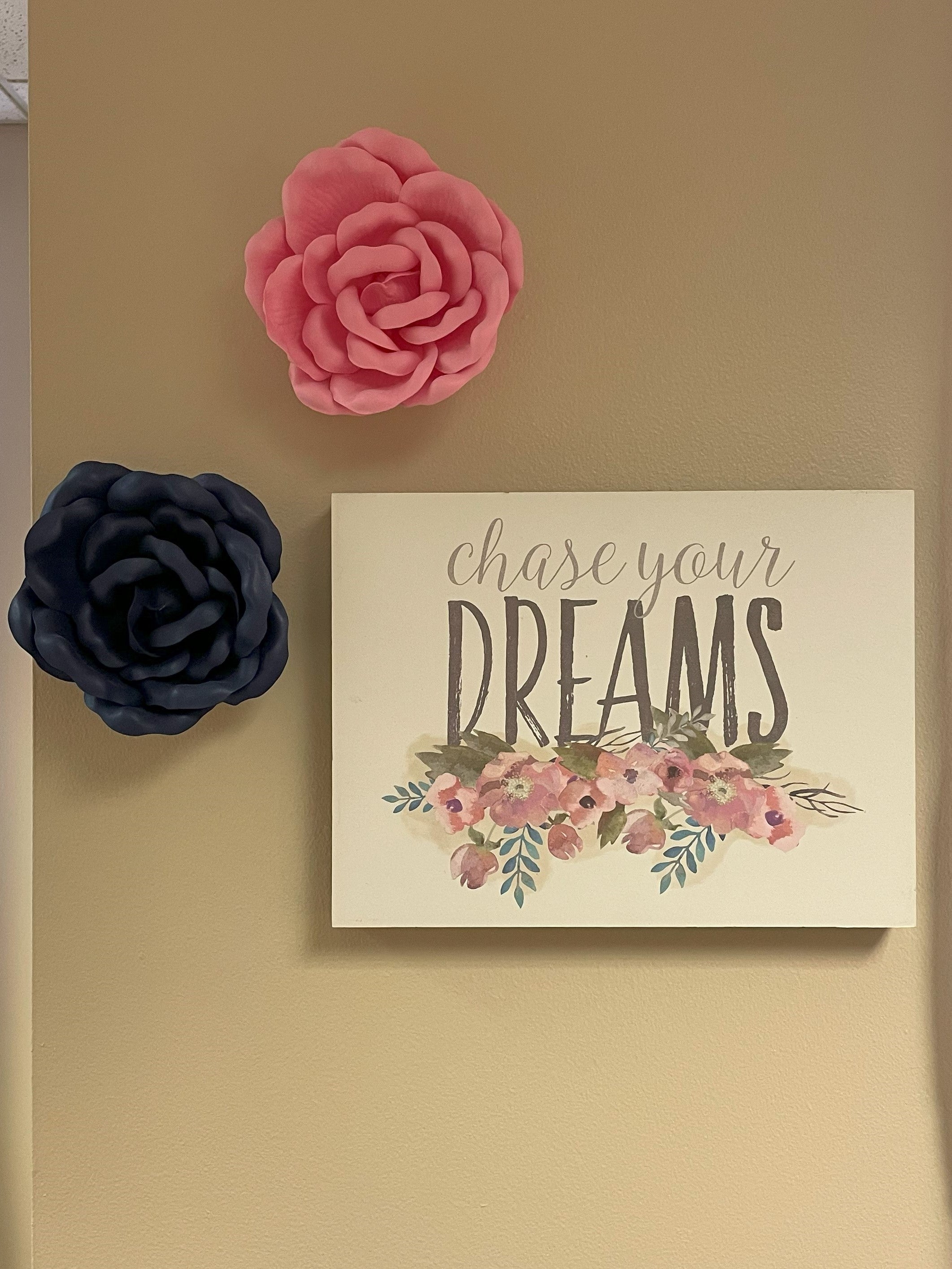 Picture of the saying Chase Your Dreams with pink and navy blue flowers on a pink/beige wall